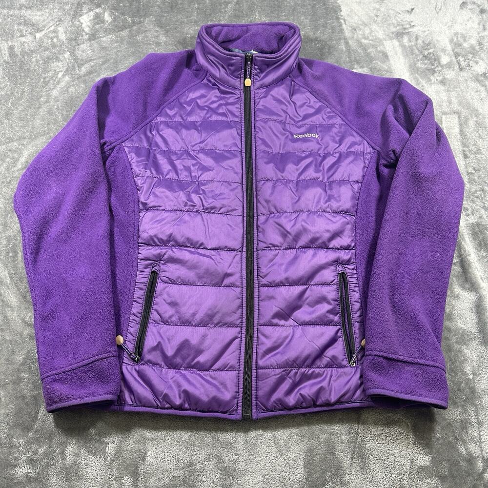 Reebok‎ Hybrid Puffer Fleece Jacket Women Large Purple Excellent Mock Neck Zip